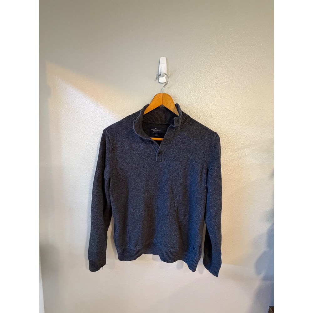 American Eagle Sweater Mens Medium Gray Mock Neck Button Placket Cotton Classic